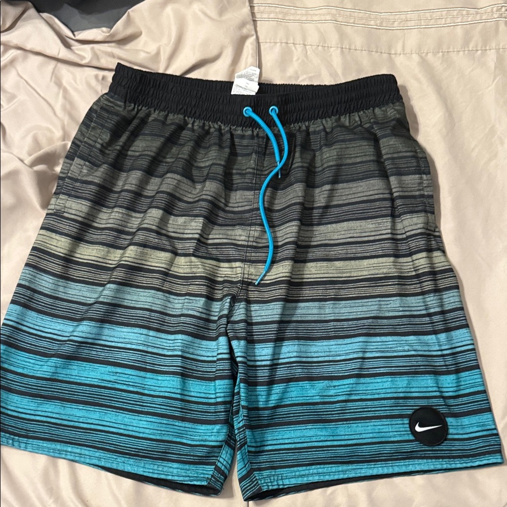 Nike Men's Black and Blue Gradient Swim Trunks